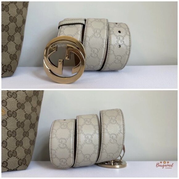 Authentic Gucci Cream Guccissima Leather Gold Interlocking G Buckle Belt 75/30 - Picture 6 of 13
